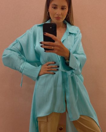 Light blue satin shirt-dress